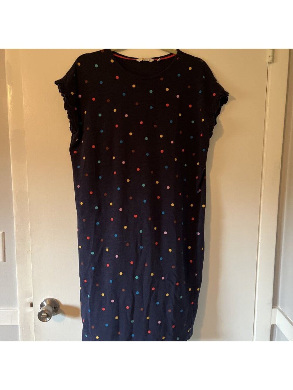 Boden Dress Womens 12L Blue Polka Dot Faye Jersey TShirt navy Ruffle Cap Sleeve